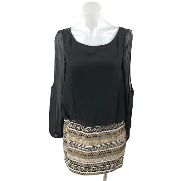 Aidan Mattox Black Sequin Metallic Long Sleeve Cold Shoulder Mini Pencil Dress 8 - Picture 1 of 6